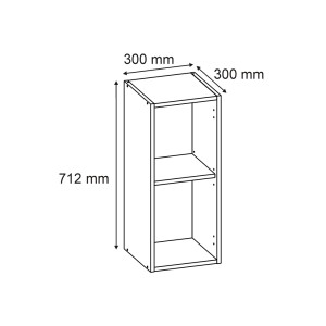 Rysunek techniczny wąskiej, białej szafki t.b.t. (30x30x71,2 cm) z dwiema przegródkami.