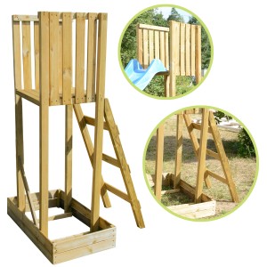 Drewniana wieża do zabawy z drabinką i opcjonalną zjeżdżalnią do ogrodu.