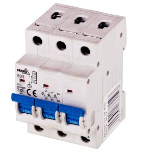 Trójbiegunowy wyłącznik nadprądowy Bemko, B25, z niebieską dźwignią.