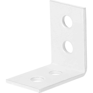 Biały, malowany proszkowo kątownik do krzeseł, 25x25x14 mm, do konstrukcji drewnianych.