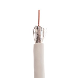 Biały kabel koncentryczny z odsłoniętym miedzianym przewodnikiem do podłączenia anteny.