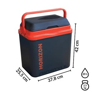 Niebieski pojemnik termoizolacyjny z czerwonym uchwytem i pokrywą na kemping.