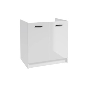 Biała szafka dolna do aneksu kuchennego z dwoma drzwiami i czarnymi uchwytami.