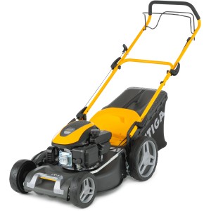 Kosiarka spalinowa Stiga Combi 48 SQ z żółtą obudową i koszem na trawę.