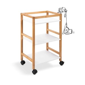 t.b.t. Zestaw mebli łazienkowych: Wózek na kółkach z 3 półkami z bambusa i bieli, z ilustracją.