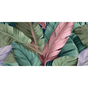 Dekoracyjny wzór liści do dekorów i listew, tropikalne liście w odcieniach zieleni i różu.