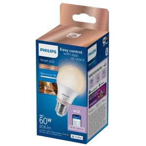Żarówka LED Smart Philips E27, 8W, sterowana aplikacją, w opakowaniu.