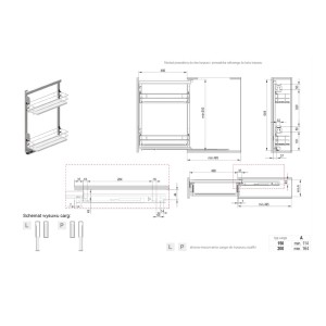 Rysunek techniczny: System przechowywania w kuchni, wymiary i szczegóły montażu.