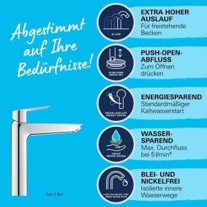 Bateria umywalkowa Grohe QuickFix Start XL: Chromowana bateria z funkcją oszczędzania energii i wysoką wylewką.