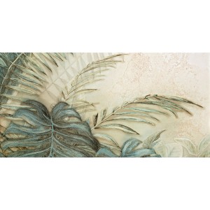 Płytka dekoracyjna z tropikalnym wzorem roślinnym w odcieniach beżu i zieleni.