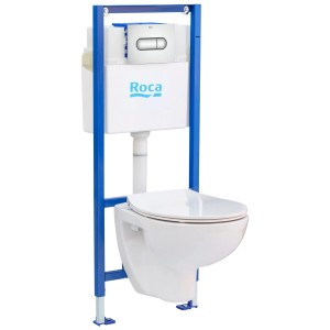 Zestaw WC wiszącego ze spłuczką i niebieską ramą montażową.