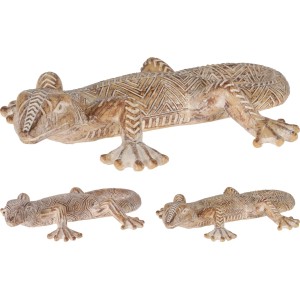 Dekoracyjne figurki ogrodowe: Trzy jaszczurki z jasnego sztucznego kamienia ze wzorem.