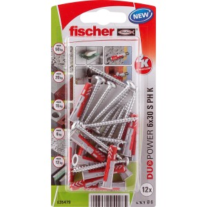 Kołki Fischer Duopower 6x30 S PH K NV, opakowanie 12 szt., czerwono-szare, do bezpiecznych mocowań.