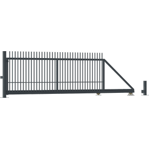 Metalowe ogrodzenie t.b.t. brama przesuwna w kolorze szarym, widok szczegółowy.