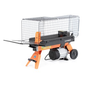 Elektryczna łuparka do drewna z klatką ochronną dla bezpiecznego łupania drewna.