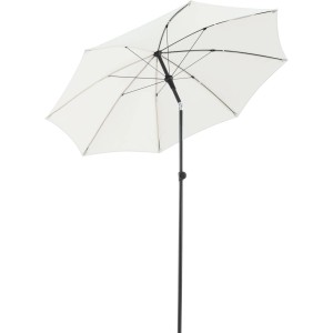 Kremowy parasol balkonowy t.b.t. z czarną ramą.