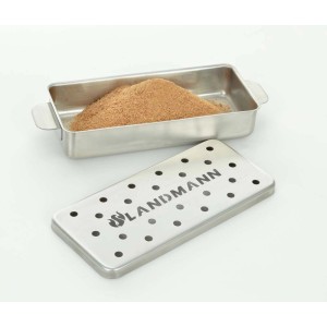 Landmann skrzynka do wędzenia ze stali nierdzewnej z pokrywką i wiórkami drzewnymi do grilli węglowych i gazowych.