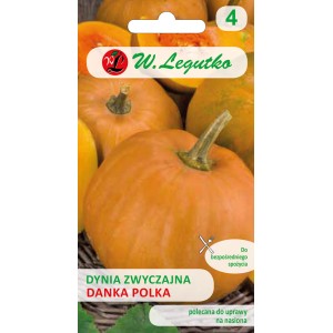 Opakowanie nasion dyni 'Danka Polka', pomarańczowe dynie w tle.