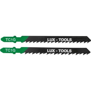 Dwa brzeszczoty LUX do wyrzynarki do drewna, 75 mm, z chwytem T i grubym uzębieniem.