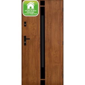 Brązowe drzwi zewnętrzne z czarnym akcentem i klamką. Solidne drzwi wejściowe.