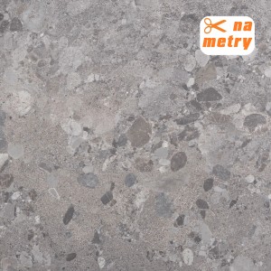 Szara wykładzina PCV z wzorem kamienia, idealna do remontów.