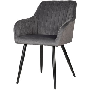 Szary tapicerowany fotel z podłokietnikami i czarnymi nogami.