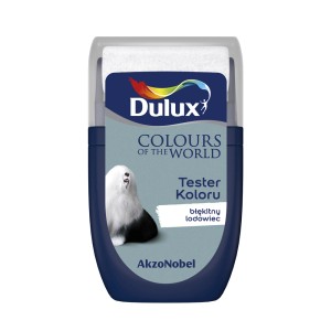 Tester koloru Dulux "Błękitny lodowiec" do ścian. Wałek z próbką koloru.