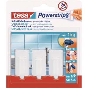 Tesa samoprzylepne haczyki, zestaw 3 szt., białe, zaokrąglone, z Powerstrips Small. Utrzymuje do 1 kg.