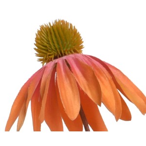 Zbliżenie pomarańczowego sztucznego kwiatu z żółtą główką.