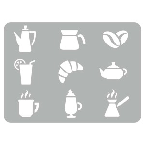 t.b.t. szablon ścienny z kawą, rogalikiem, sokiem, ziarnem kawy, dzbankiem, filiżanką, imbrykiem do kawy i czajnikiem.