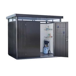 Metalowy domek narzędziowy Biohort HighLine, ciemnoszary, 4,6 m² z podwójnymi drzwiami i regałami.