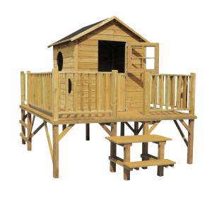 Drewniany domek do zabawy t.b.t. z tarasem i schodami dla dzieci.