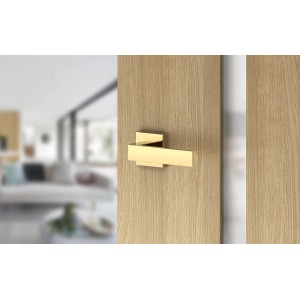 Złota klamka do drzwi t.b.t. na drewnianych drzwiach, nowoczesny design.