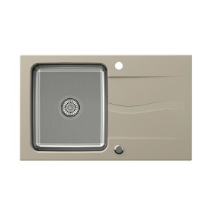 Beżowy zlewozmywak granitowy ze stali nierdzewnej i ociekaczem.