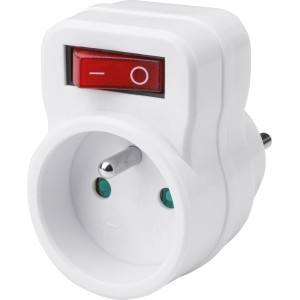 Biała przejściówka z uziemieniem i czerwonym włącznikiem do komputera i multimediów.