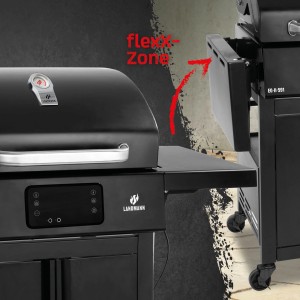 Czarny grill elektryczny ze strefą flex, widok szczegółowy.