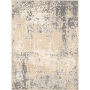 Dywan z krótkim włosiem o abstrakcyjnym wzorze w kolorze beżowym i szarym.