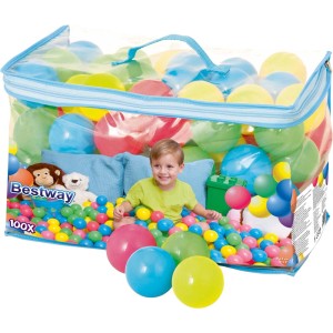 Piłki Bestway do basenów dla dzieci, 100 kolorowych piłek w torbie z dzieckiem w basenie z piłkami.