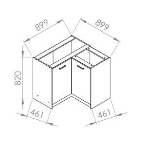 Rysunek techniczny szafki narożnej dolnej do zestawu mebli kuchennych z wymiarami.