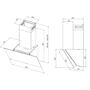 Rysunek techniczny okapu ściennego t.b.t. z wymiarami.