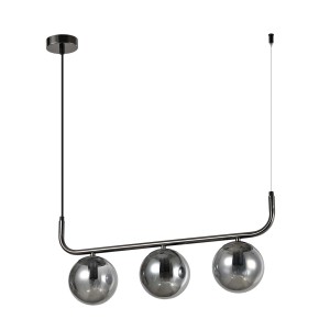 Nowoczesna lampa wisząca z trzema szarymi kulistymi kloszami. Elegancka lampa do salonu i jadalni.