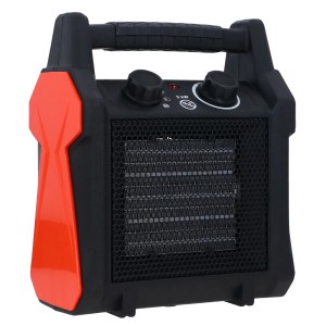 Czarny grzejnik elektryczny z uchwytem i pomarańczowymi akcentami.