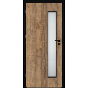 Drzwi wewnętrzne o wyglądzie drewna z wstawką szklaną, skrzydło drzwi z czarną ramą i klamką.