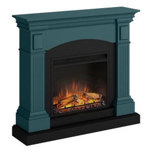 Kominek elektryczny t.b.t. z turkusową obudową i symulacją ognia.