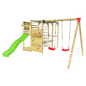 Drewniany plac zabaw ze zjeżdżalnią, ścianką wspinaczkową, huśtawkami i siatką wspinaczkową dla dzieci.