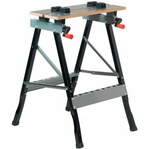 Stół roboczy i zaciskowy z czarną ramą, drewnianym blatem i czerwonymi dźwigniami zaciskowymi.