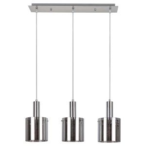 Nowoczesna lampa wisząca t.b.t. z trzema srebrnymi kloszami do użytku wewnętrznego.