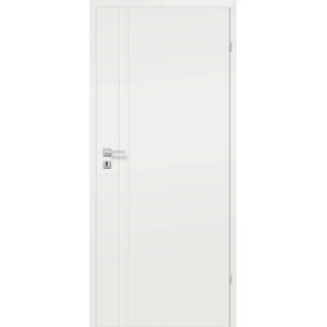 Białe drzwi wewnętrzne o prostym designie z srebrną klamką.