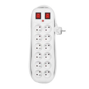 Biała listwa zasilająca t.b.t. z 10 gniazdami i dwoma włącznikami.