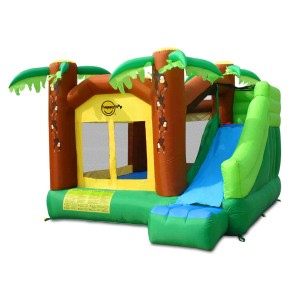 Dmuchany zamek t.b.t. ze zjeżdżalnią i motywem dżungli do ogrodu.